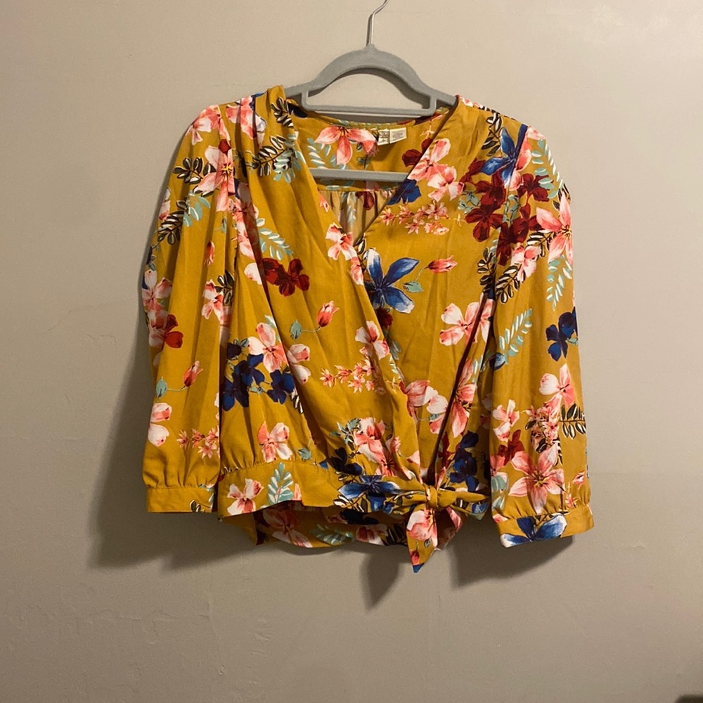 Mustard colored, floral, wrap-tie, v-neck, crop top